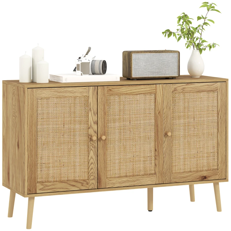 HOMCOM Buffet salon meuble de rangement avec placards à portes en rotin et étagère réglable, bois naturel