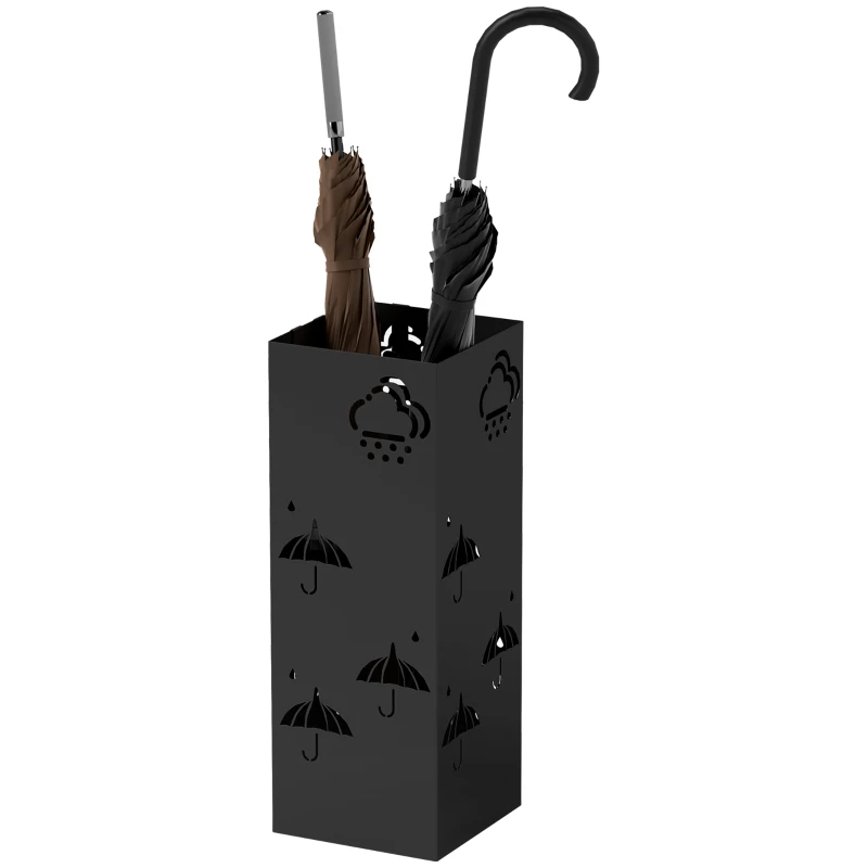 HOMCOM Metal Umbrella Stand, Square Umbrella Holder with Removable Drip Tray and 4 Hooks, Decorative Umbrella Storage Rack for Hallway, Entryway, 15.5 x 15.5 x 41 cm, Black