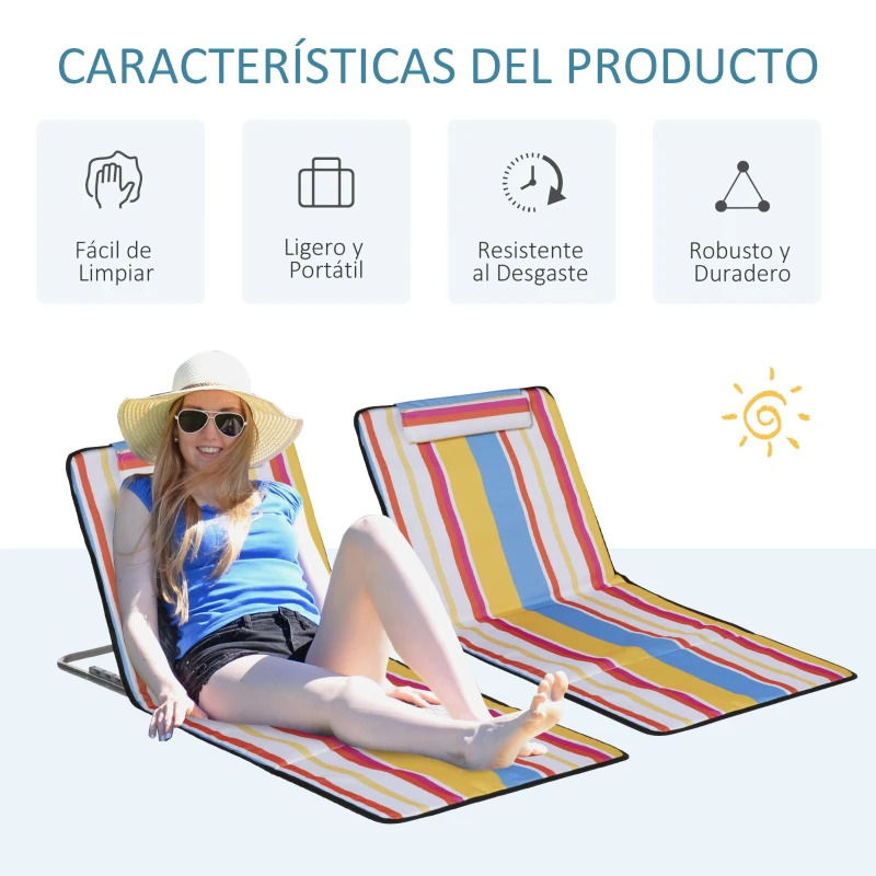Outsunny Set de 2 Esterillas de Playa Plegables 124x53x45 cm con Respaldo Ajustable y Reposacabezas Esteras de Playa Portátil de Tela Oxford Acero con Bolsa de Transporte para Balcón Jardín Multicolor