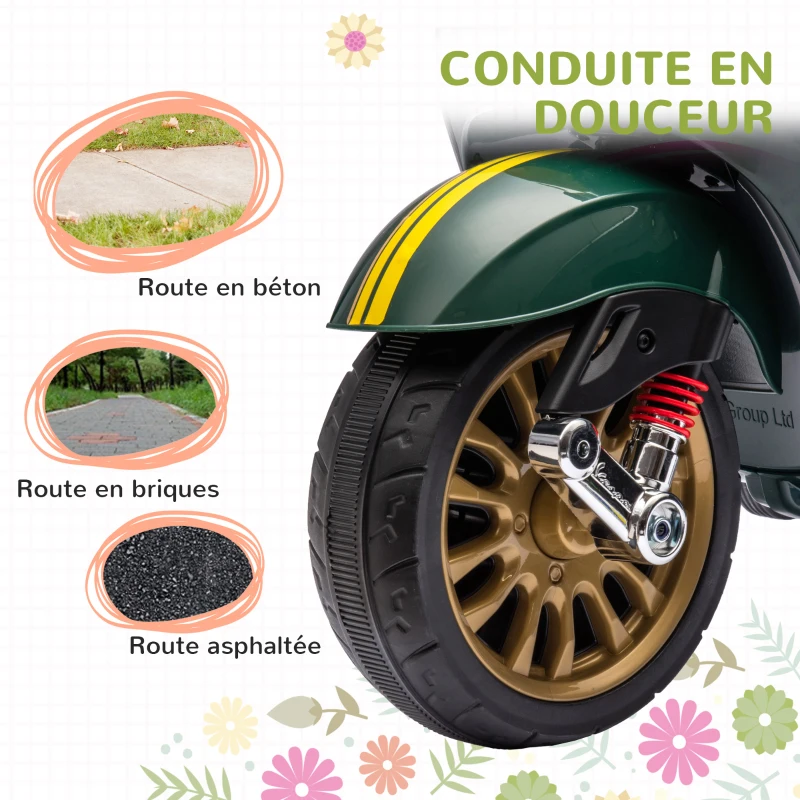 AIYAPLAY Scooter électrique enfant Vespa 6 V dim. 107L x 47l x 73H cm Musique MP3 Port USB Phare 2 roues d'entraînement - Vert