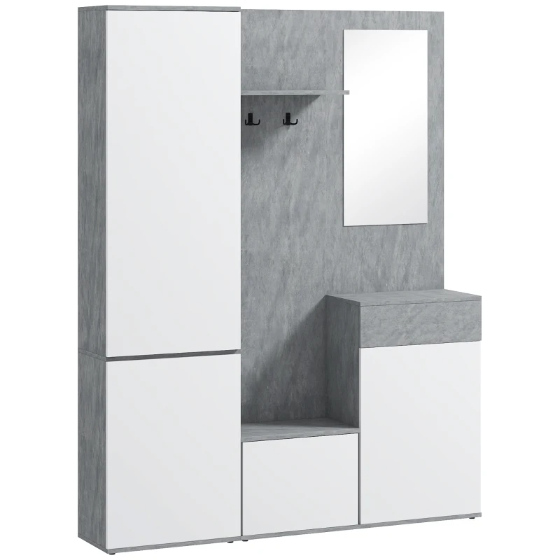 HOMCOM Mobile da Ingresso 4 in 1 con Specchio, Ganci e Ripiani Interni, in Legno, 145x29x184 cm, Grigio e Bianco