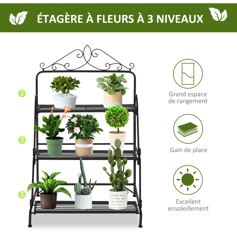 Outsunny Étagère à Fleurs Supports de Pots Porte Plante Escalier Plantes avec étagères en métal 3 Niveaux Forme escalier Pour Intérieur Balcon Jardin Terrasse dim. 60,5L x 59,5l x 95,5H cm Noir