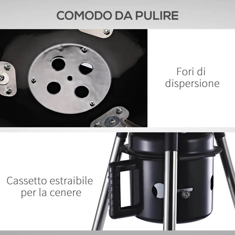 Outsunny Barbecue in Ghisa con 2 Ruote e 2 Griglie | Coperchio con Termometro, Valvola e Ripiano Inferiore | 50x63x94cm