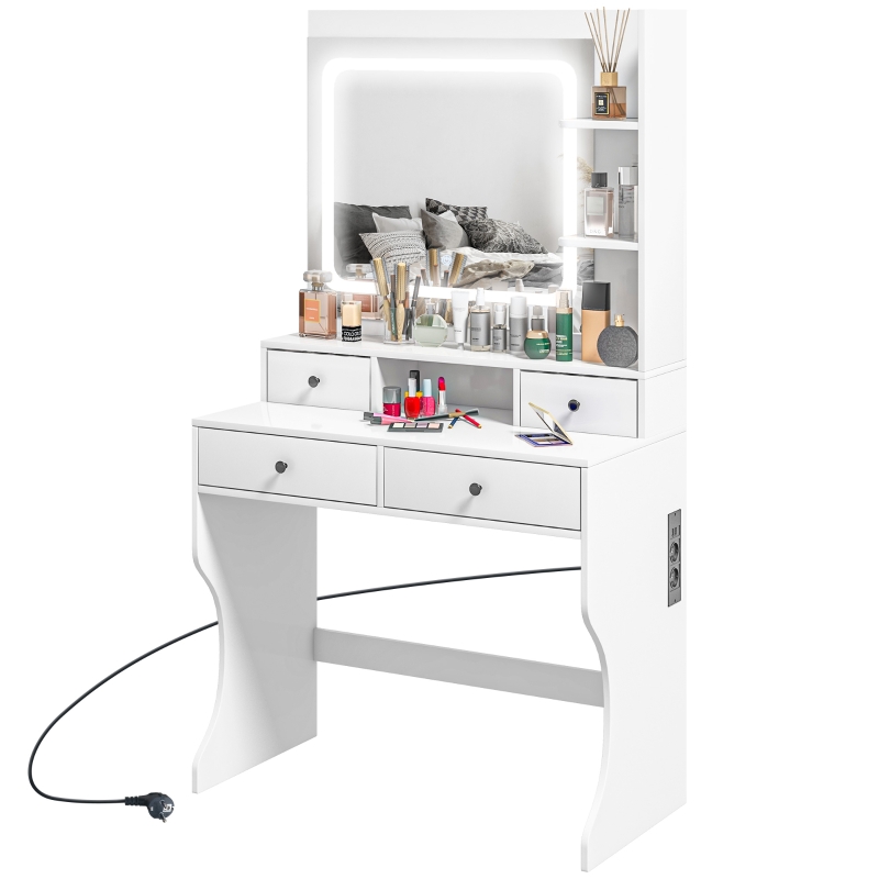 Tavolo da toeletta multifunzionale con specchio LED e sgabello contenitore - 3 pratici cassetti, bianco | Leroy Merlin