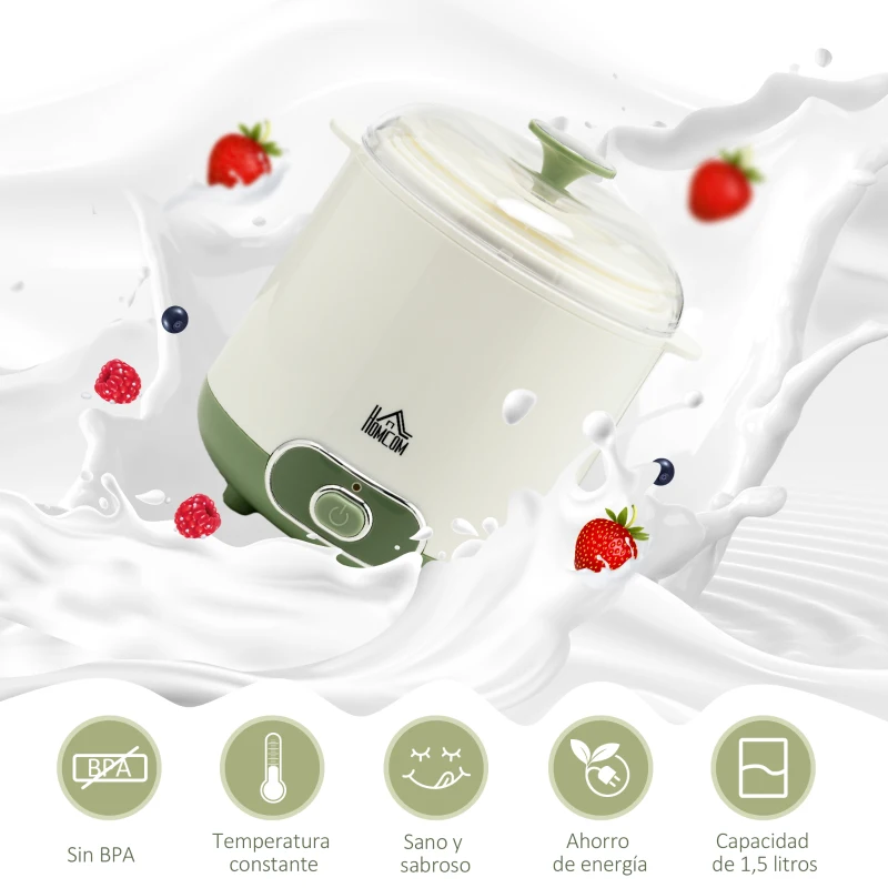HOMCOM Yogurtera para Hacer Yogur Griego 20 W 1,5L con Filtro Indicador de Encendido y Tecnología PTC 19,5x17,5x21,4 cm Blanco