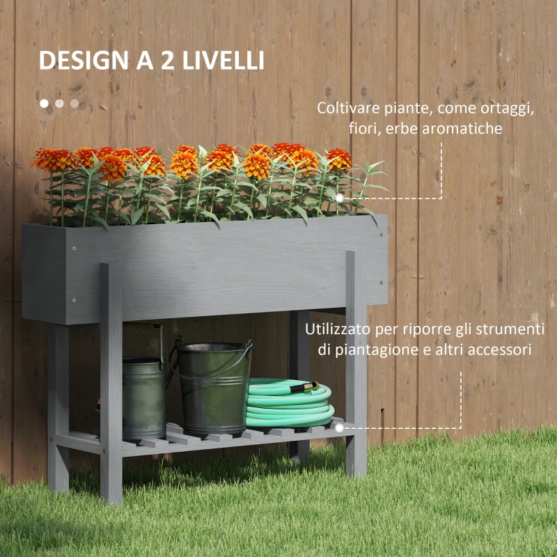 Outsunny Fioriera Rialzata con Ripiano Inferiore e 2 Fori di Drenaggio, in Legno di Abete, 100x30x70.5 cm, Grigio