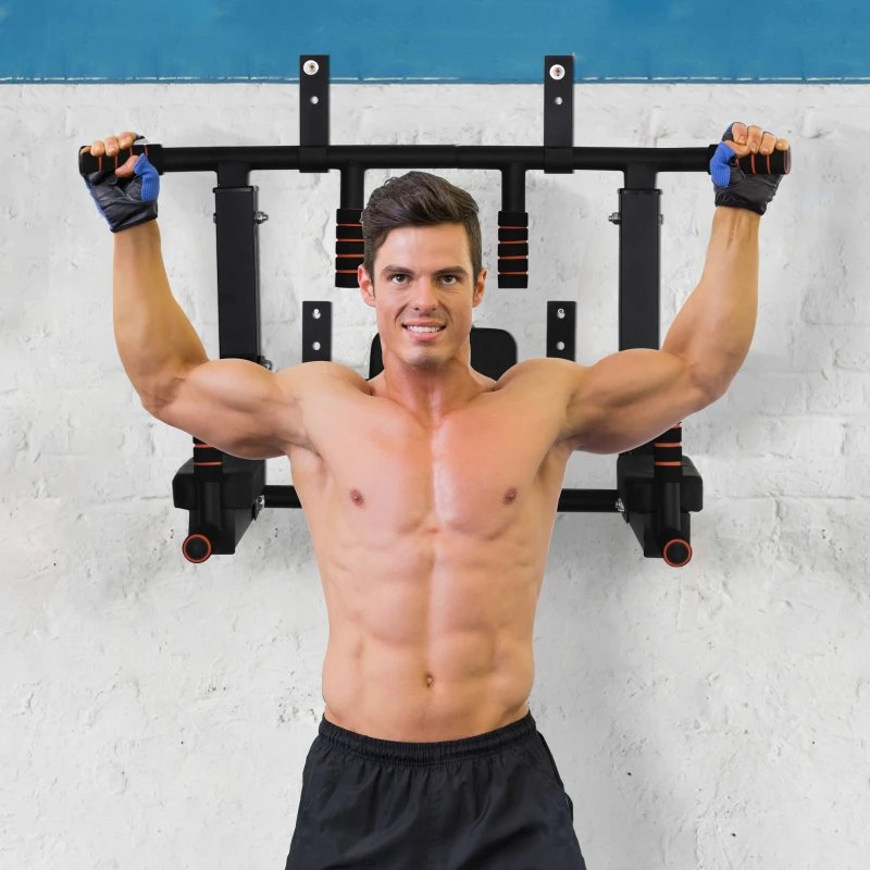 HOMCOM Barra per Trazioni a Muro in Acciaio con Imbottiture Antiscivolo, Carico Massimo 120kg, Nero