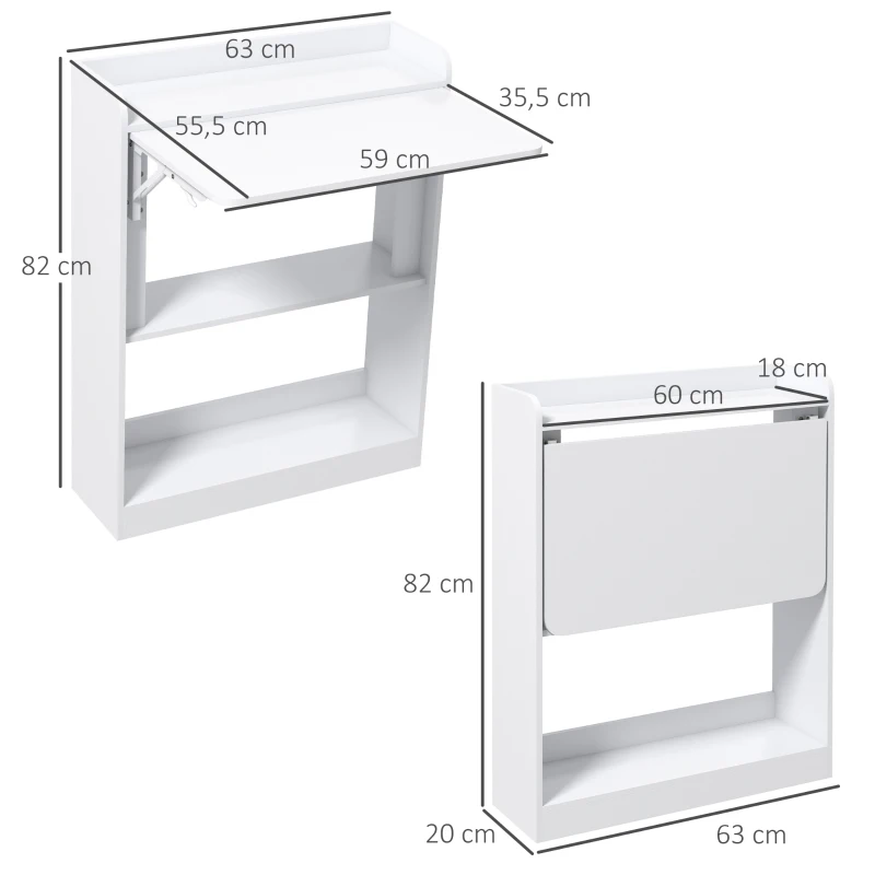 HOMCOM Bureau d'ordinateur table de bureau plateau rabattable et 3 étagères de rangement gain de place 63 x 55,5 x 82 cm blanc