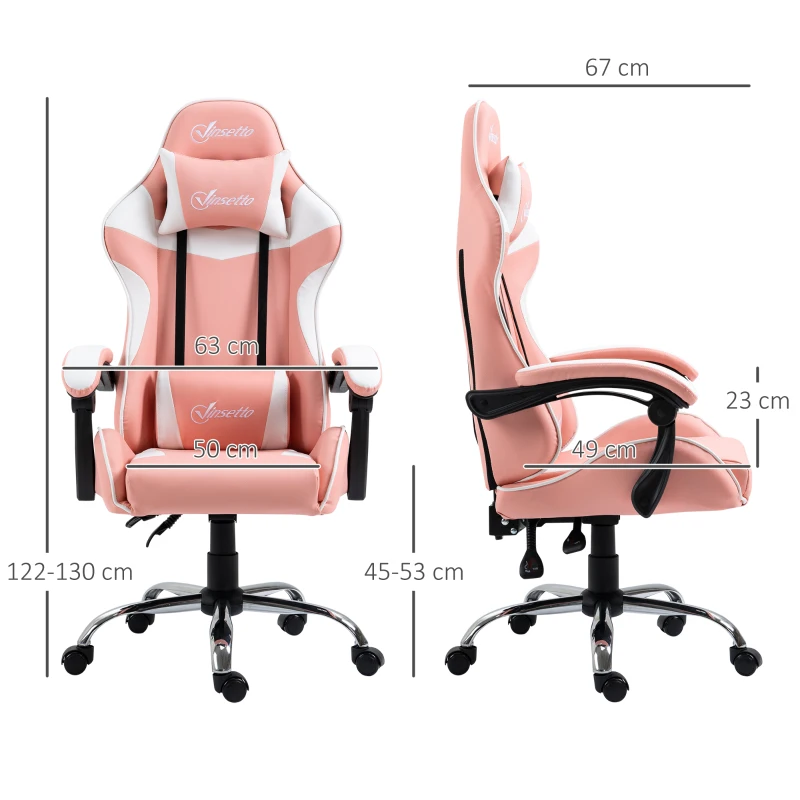 Vinsetto Silla Gaming Silla de Escritorio Reclinable 135° Reposacabezas y Cojín Lumbar  63x67x122-130 cm Rosa