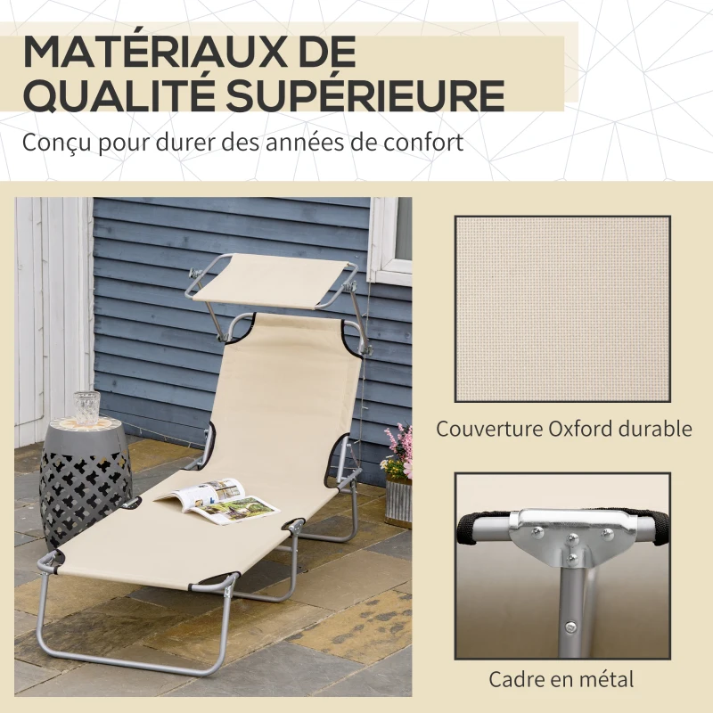 Outsunny Transat Bain de Soleil Pliable Chaise Longue Pliante Dossier Inclinable Multi-positions et Pare-Soleil réglable