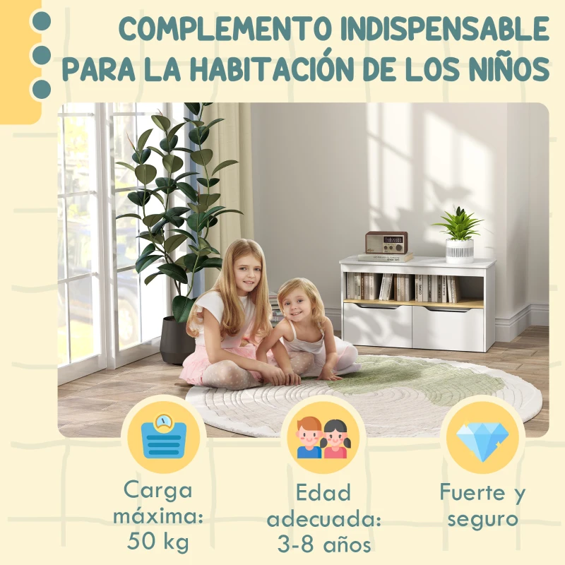 AIYAPLAY Estantería para Juguetes Infantil con 2 Cajones y Compartimento para Salón Dormitorio Sala de Juegos 80x30x45 cm Blanco