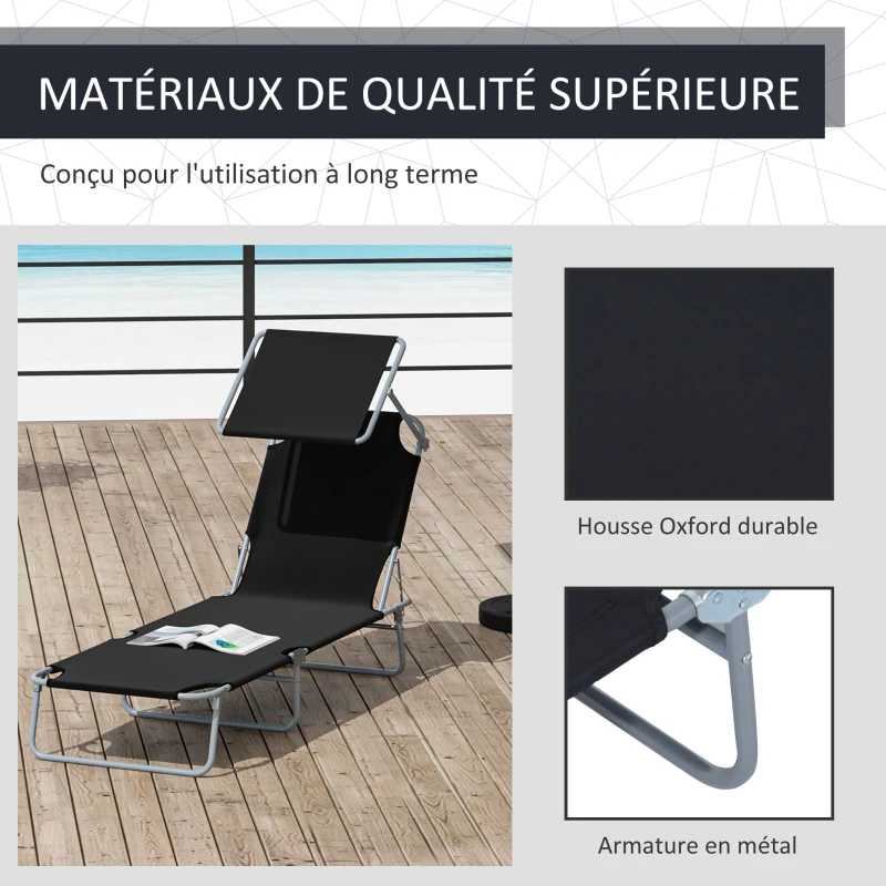 Outsunny Transat Bain de Soleil Pliable Chaise Longue Pliante Grand Confort Dossier Inclinable Multi-positions et Pare-Soleil réglable Dim. 187L x 58l x 36H cm noir