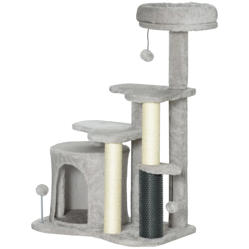 PawHut Albero per Gatti con Casetta, Lettino e Palline, in Truciolato, Sisal e Peluche, 60x39x87 cm, Grigio Chiaro e Crema