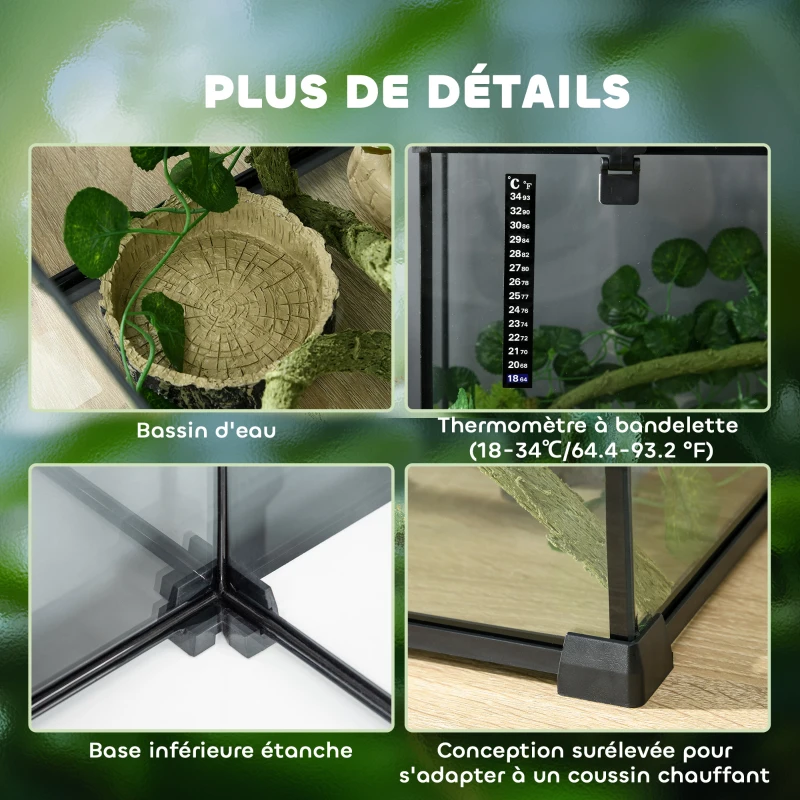 PawHut Boîte à reptiles habitat de terrarium transparent couvercle coulissant treillis métallique noir