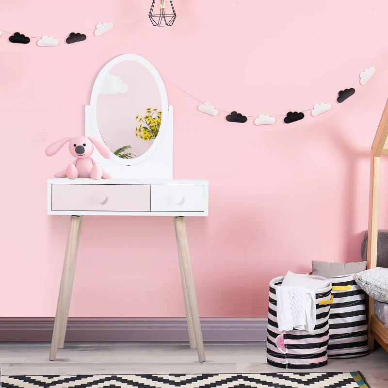 HOMCOM Kids Dressing Table w/ Mirror 2-Drawer Cute Heart Handles Bedroom Play Room Storage Elegant Wood Legs -White&Pink