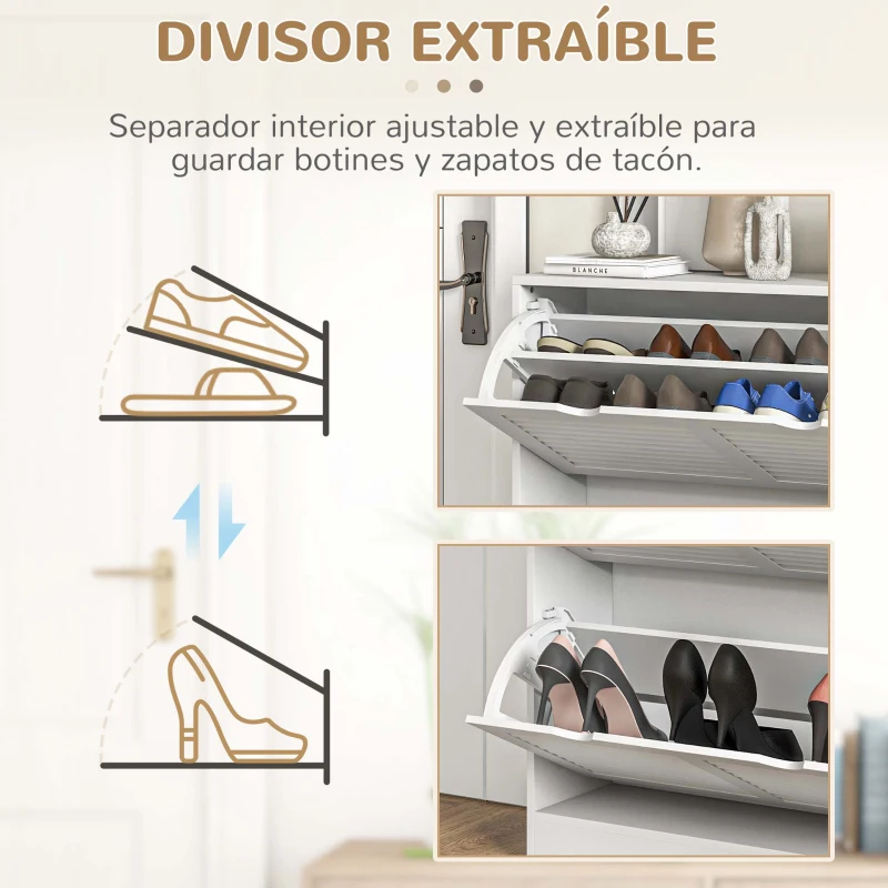 HOMCOM Zapatero de Entrada Recibidor con 2 Cajones Abatibles y Estantes Ajustables para 16 Pares de Zapatos 81,5x25x83cm Blanco(m-6)