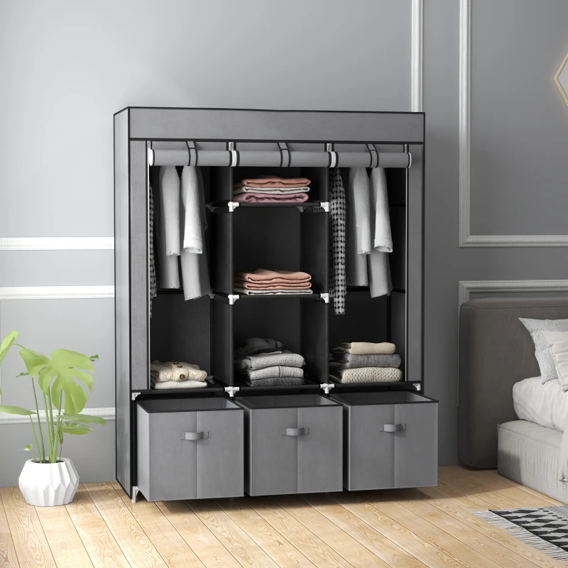 HOMCOM Armadio in Tessuto Pieghevole con Cassetti e Ante Avvolgibili con Zip, 125x43x162.5cm, Grigio Scuro
