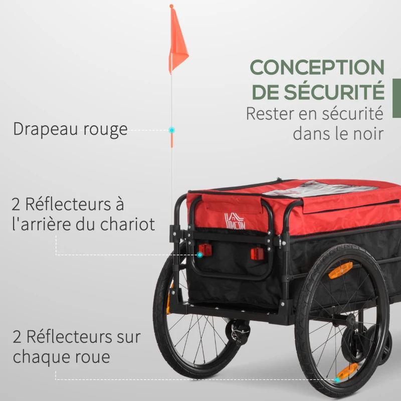 HOMCOM Remorque à vélo ou piéton capacité 100L avec barre d'attelage universelle et tissu Oxford - drapeau et réflecteurs - dim. 130L x 64l x 64/103H cm