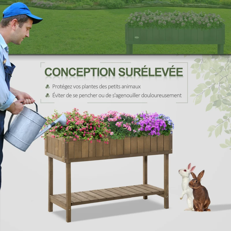 Outsunny Jardinière sur Pieds carré Potager étagère dim. 110L x 46l x 76H cm 8 Compartiments Inserts d'irrigation Bois de Sapin