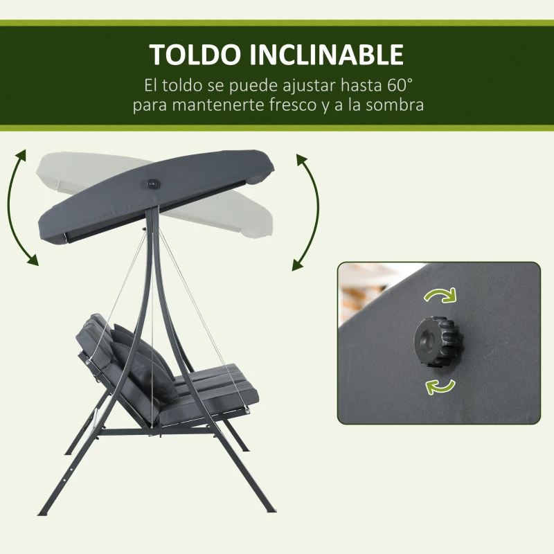 Outsunny Balancín para Exterior Columpio de Jardín de 3 Plazas con Toldo Ajustable y Cojines Decorativos 202x115x168 cm Gris