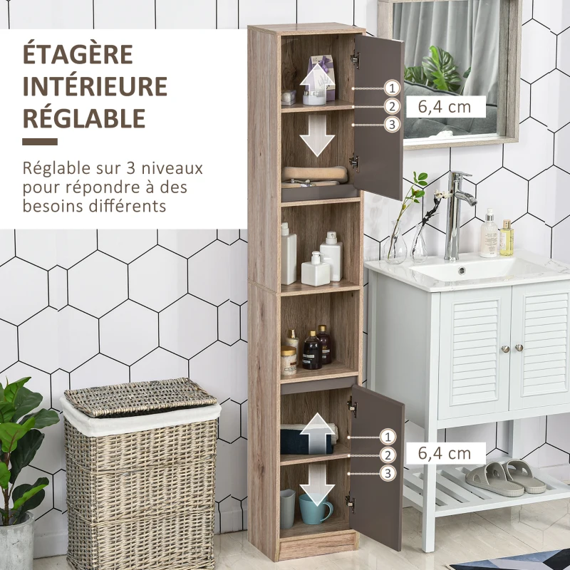 HOMCOM Meuble colonne rangement salle de bain style cosy 30 x 24 x 170 cm 2 portes étagère 2 niches chêne clair gris