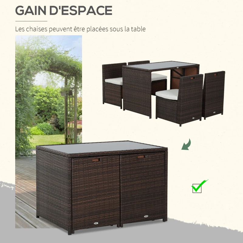 Outsunny Ensemble salon de jardin encastrable 4 chaises monoblocs avec coussins déhoussables et table résine tressée chocolat
