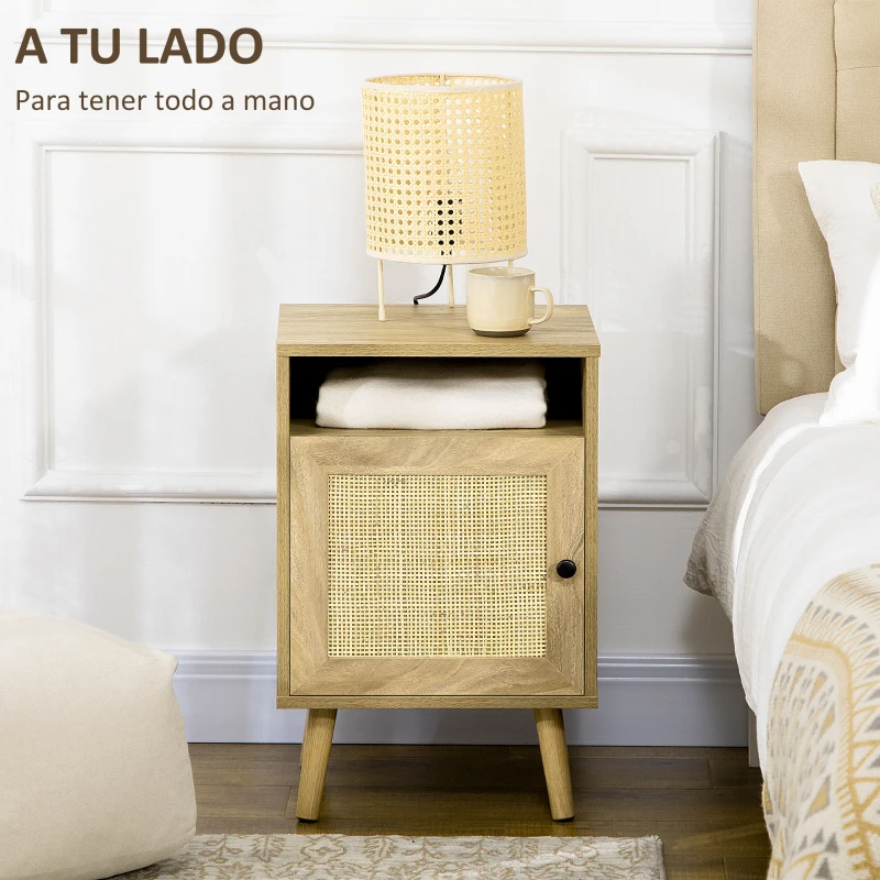 HOMCOM Mesita de Noche con Puerta de Rejilla Mesita Auxiliar para Dormitorio Salón Cama 39x35x60 cm Madera Natural