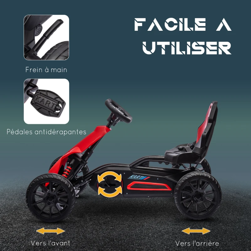 HOMCOM Kart à pédales pour enfants avec siège ajustable 4 positions et roues en EVA 100 x 58 x 58,5 cm rouge et noir(m-5)
