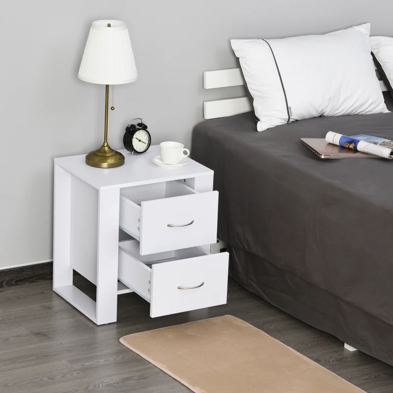 HOMCOM Mesita de Noche con 2 Cajones Patas y Base Elevada para Dormitorio Mesa Lateral para Sala de Estar Estilo Moderno 48x39x54 cm Blanco