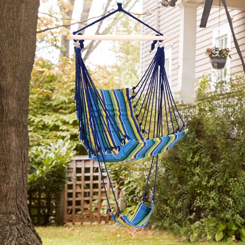 Outsunny Outdoor Hammock Hanging Rope Garden Yard Patio Swing Chair Seat Woodenwith Footrest Cotton Cloth Blue Stripe