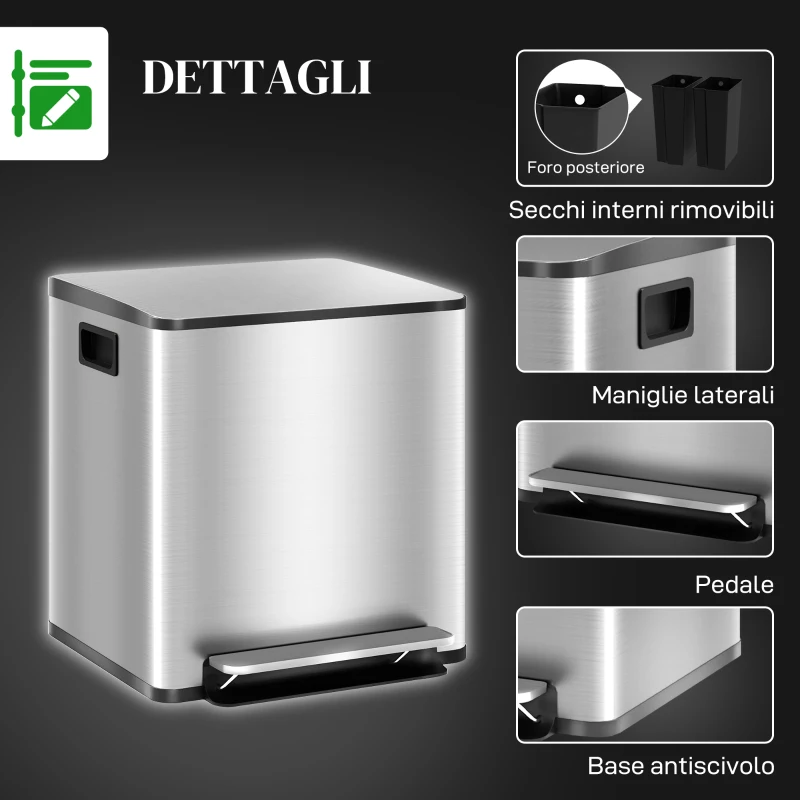 HOMCOM Bidone Immondizia a 2 Sezioni da 15L a Pedale con Coperchio Silenzioso, in Acciaio Inox e PP, 41.8x36.7x44 cm
