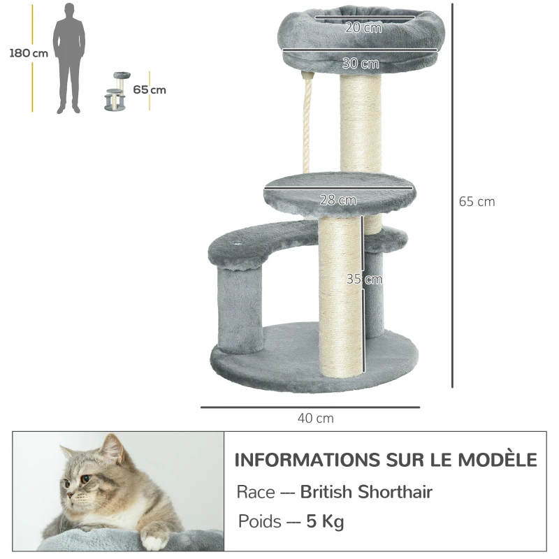 PawHut Arbre à chats 2 griffoirs grattoirs sisal naturel 3 plateformes corde à grimper dim. Ø 40 x 65H cm peluche haute densité 500 g/m² gris