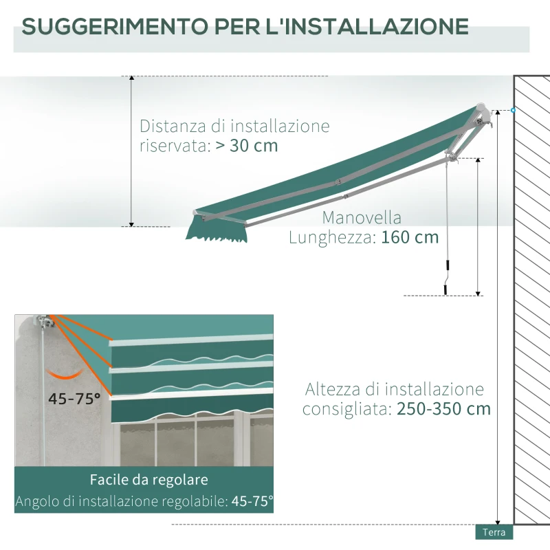 Outsunny Tenda da Sole a Bracci per Esterno con Manovella, Metallo e Poliestere, 3x2.5m Verde