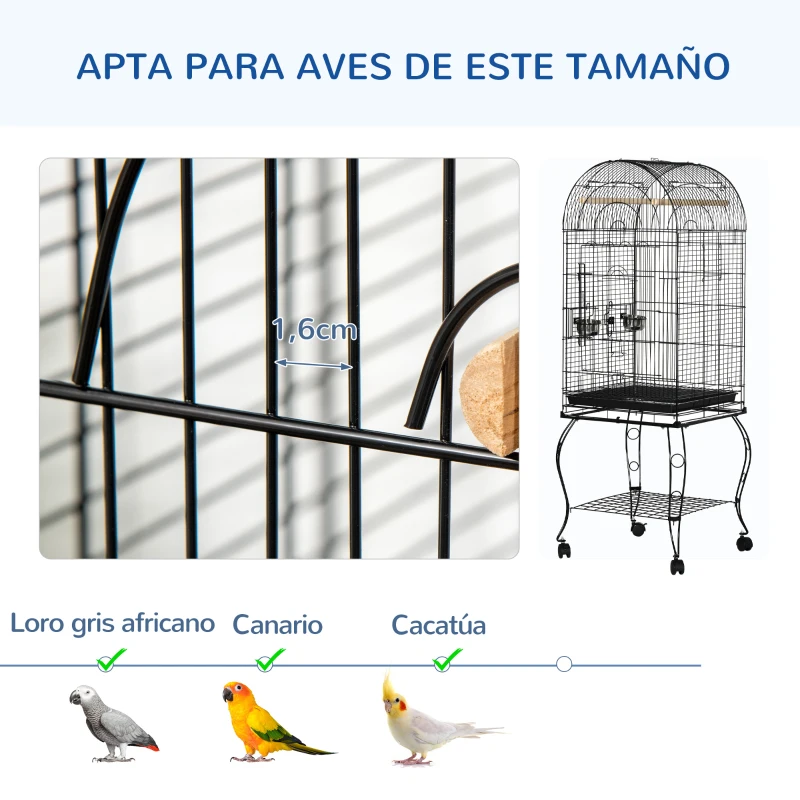 PawHut Jaula para Pájaros con Soporte y Ruedas Jaula de Acero con Bandeja Extraíble y 2 Comederos 51x51x153 cm Negro