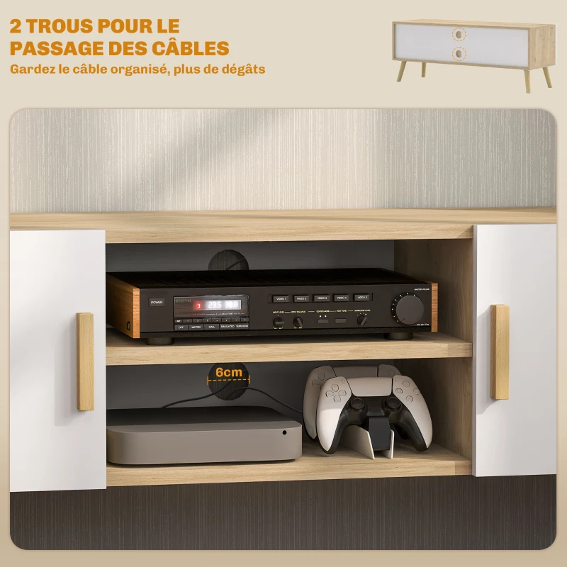 HOMCOM Meuble TV meuble télé bois banc TV jusqu'à 50 pouces avec étagères, 2 placards et passe-câbles, chêne