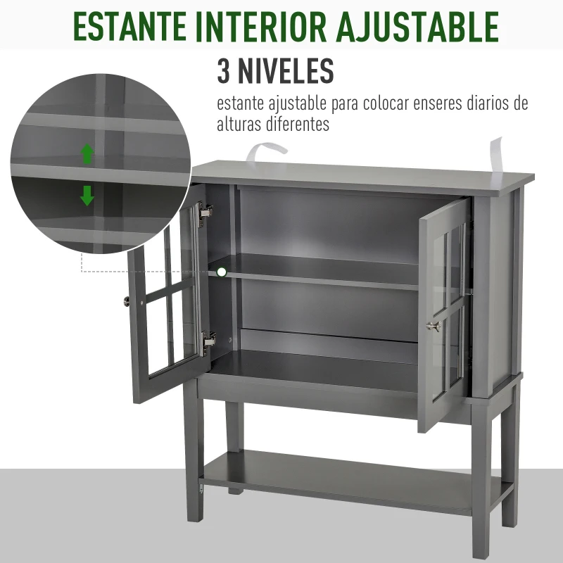 HOMCOM Armario Auxiliar Interior para Cocina Salón Aparador Cocina de Almacenamiento Estilo Vitrina Multifuncional con Estantes Inferior Puertas Sisteme Antivuelco 80x28x84cm Color Gris
