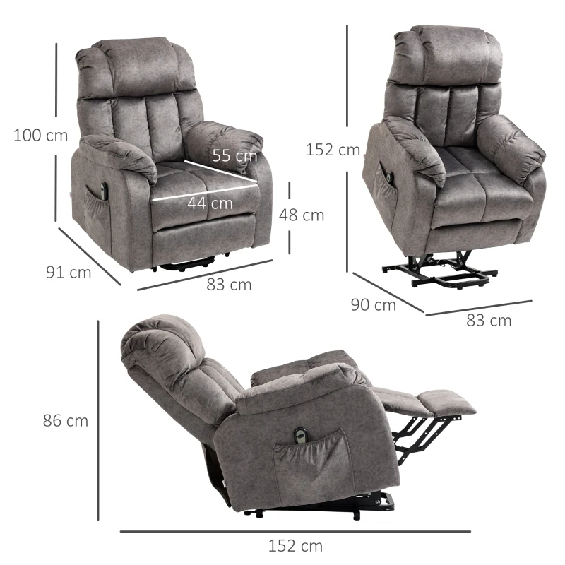 HOMCOM Sillón Levanta Personas Eléctrico con Reclinación hasta 135° Mando a Distancia Reposapiés y 2 Bolsillos Gris
