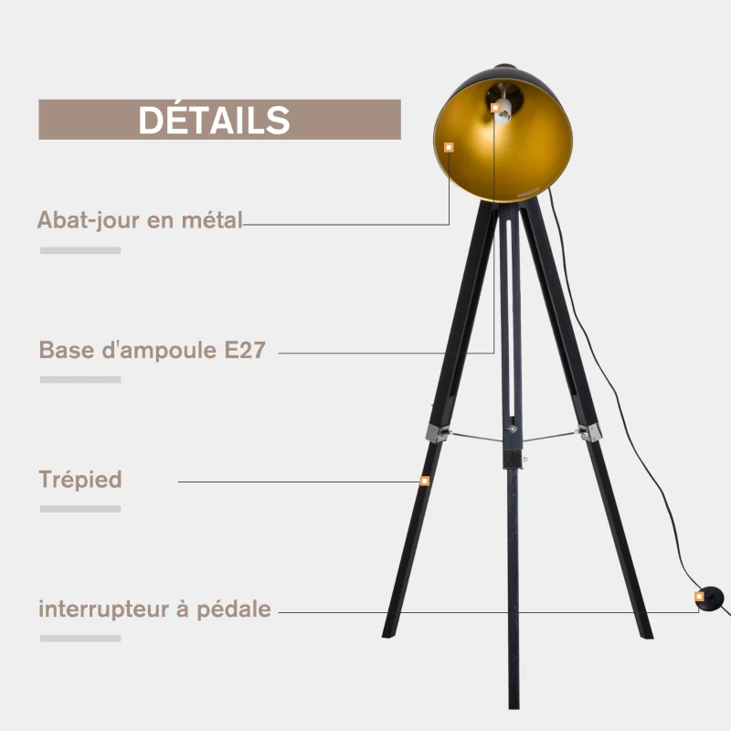 HOMCOM Lampadaire trépied style industriel hauteur réglable abat-jour ajustable E27 40W max. 65 x 65 x 108-152 cm bois métal noir et doré