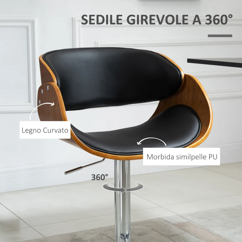 HOMCOM Sgabello da Bar Alto in Stile Industriale con Altezza Regolabile, Sgabello Cucina Vintage Girevole in Legno con Schienale e Poggiapiedi, 58L x 54P x 92-112Acm