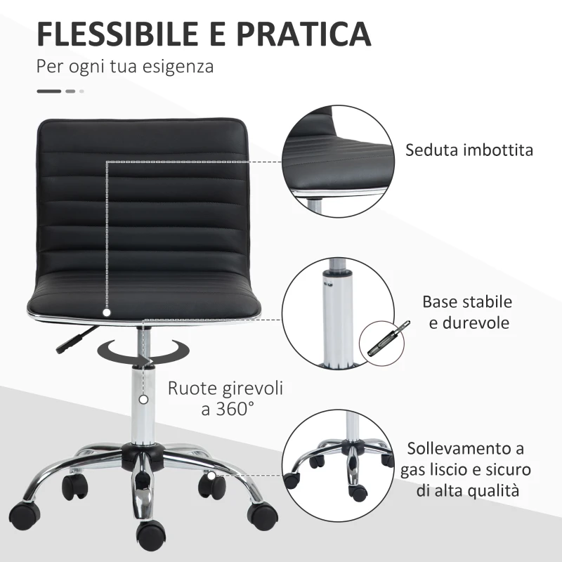 HOMCOM Sedia da Ufficio Ergonomica in Pelle PU con Altezza Regolabile, Seduta Girevole e Ruote, Nero
