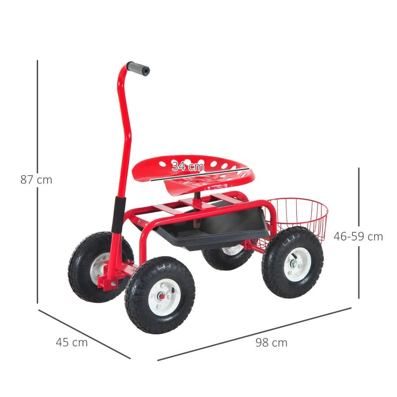 Outsunny Adjustable Rolling Garden Cart Outdoor Gardening Planting Station Trolley Swivel Gardener Work Seat Heavy Duty With Tool Tray & Basket Red 150kg