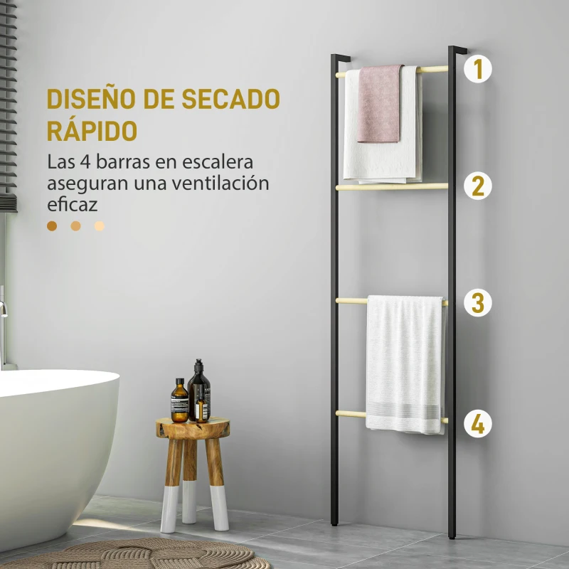 HOMCOM Toallero Apoyado en la Pared Toallero de Baño con 4 Barras de Bambú y Marco de Acero 49x5,5x167,5 cm Negro y Natural