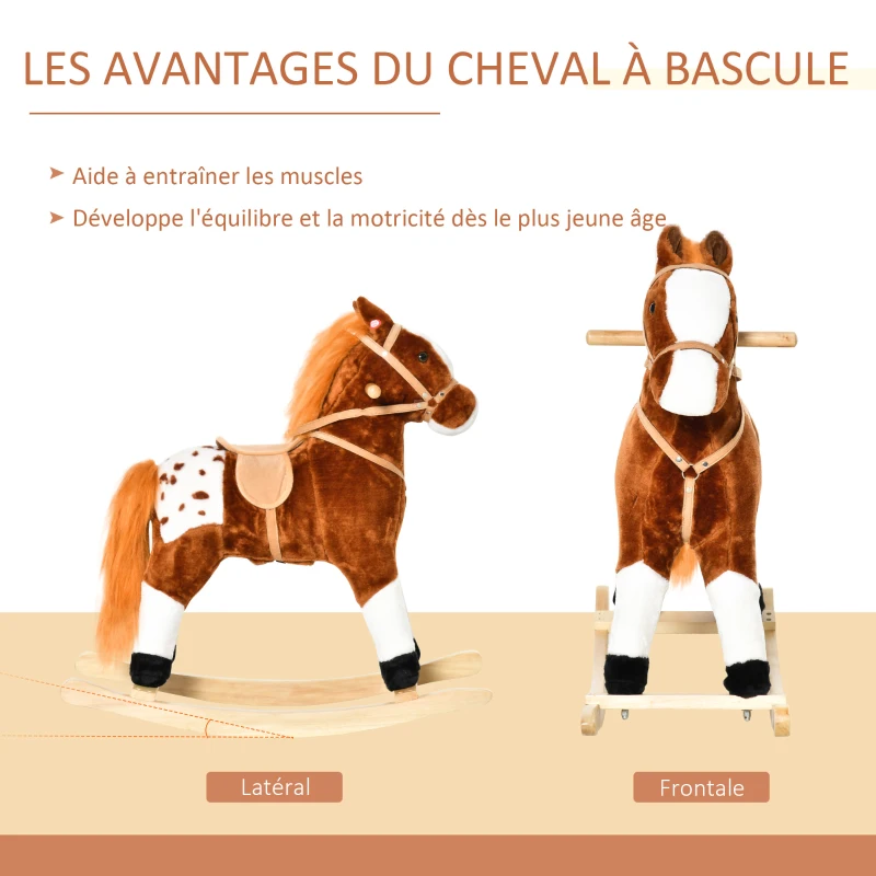 HOMCOM Cheval à Bascule en Bois et Peluche pour Enfant Cheval de Cowboy peluche Pour Enfants de 3-6 Ans Jouet balançoire avec Effet sonore Selle rênes Marron Blanc