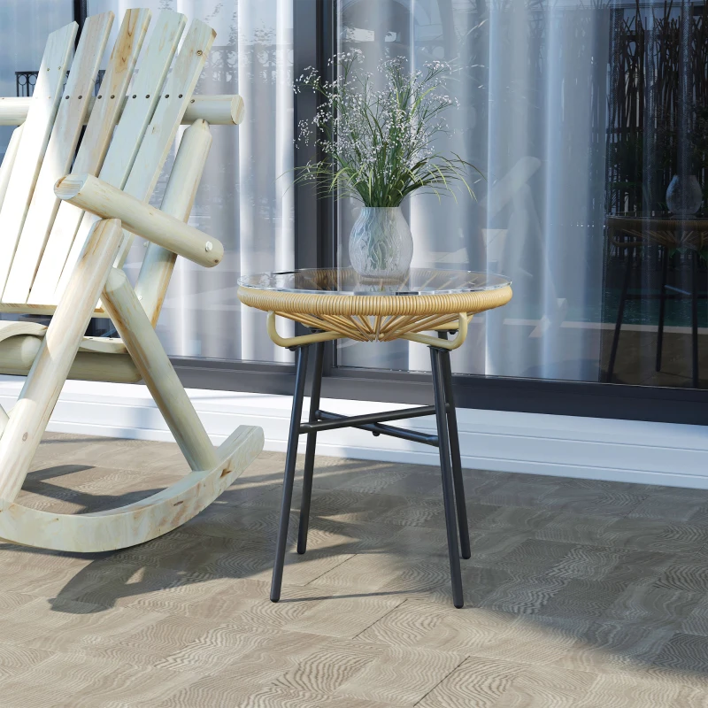 Outsunny Rattan Side Table, Round Outdoor Coffee Table, with Round PE Rattan and Tempered Glass Tabletop for Patio, Garden, Balcony, Beige