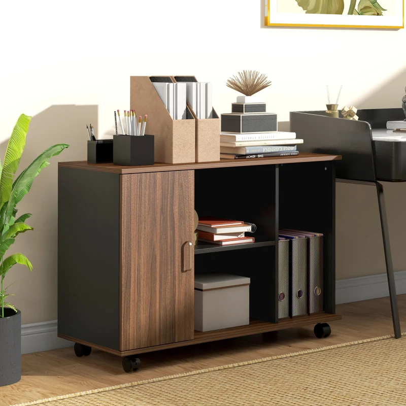 HOMCOM Lateral Filing Cabinet on Wheels, Mobile File Cabinet with Cabinet, Home Office Printer Stand with Casters and Open Compartments for Living Room, Walnut Brown,
