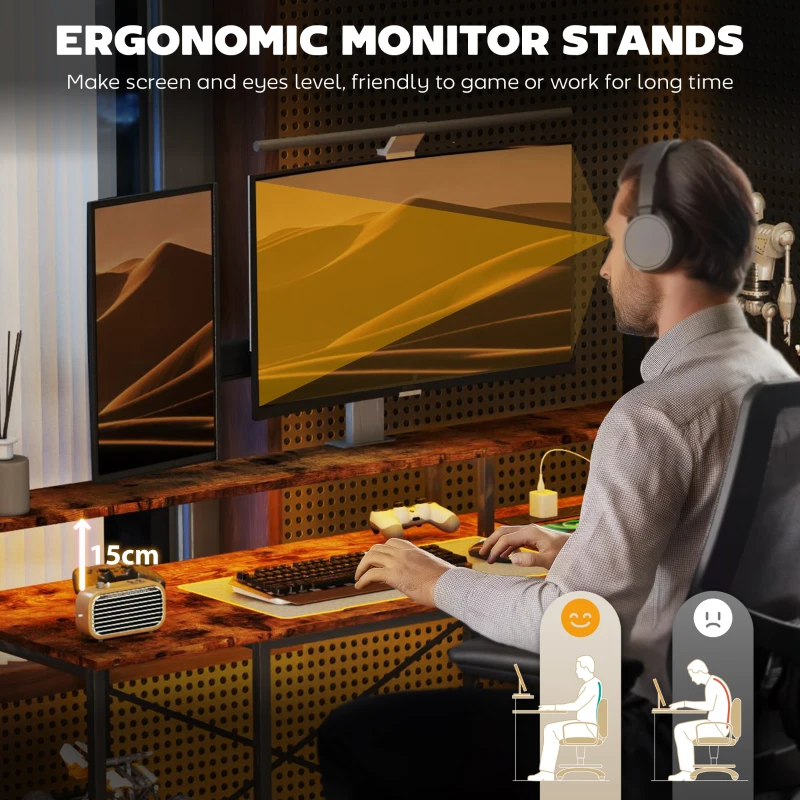 HOMCOM LED Light 'L' Computer Desk, with Shelves - Brown