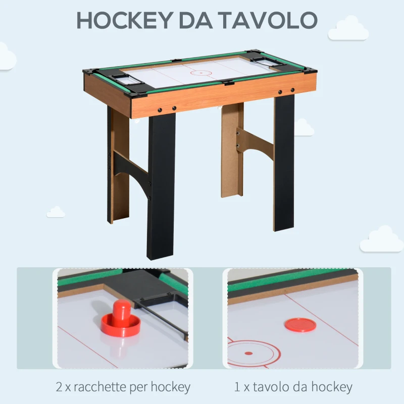 HOMCOM Tavolo Multigioco 4 in 1 con Calcio Balilla, Biliardo, Ping Pong e Hockey da Tavolo, Tavolo da Gioco con Accessori, in Legno MDF, 87x43x73cm, Legno Naturale e Nero