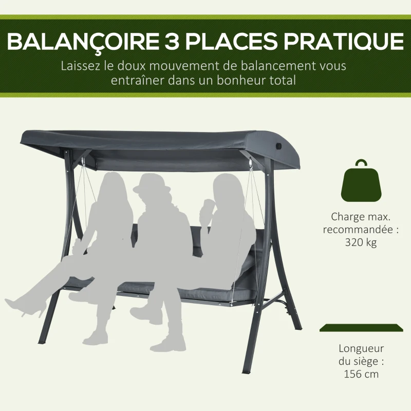 Outsunny Balancelle de jardin 3 places grand confort inclinaison toit réglable matelas fourni acier polyester gris foncé