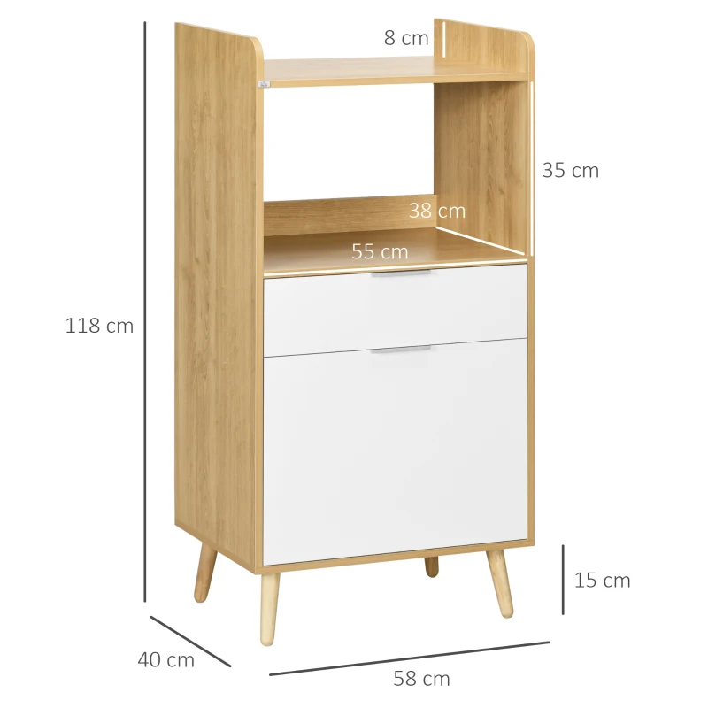 HOMCOM Meuble desserte de cuisine pour micro-ondes avec placard tiroir étagère réglable 58 x 40 x 118 cm naturel et blanc(m-3)