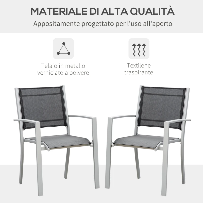 Outsunny Set 2 Sedie da Giardino in Texteline Traspirante e Struttura in Ferro Nero e Grigio 62 x 57 x 86cm